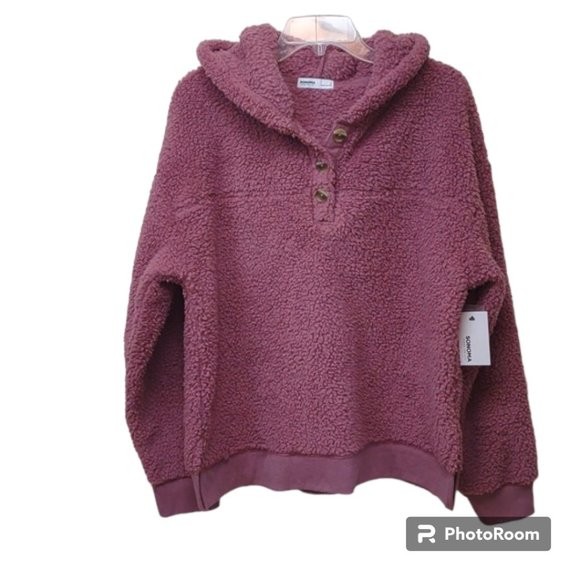 Sonoma Mauve Soft Cozy Sherpa Fleece LS Pullover Henley Hoodie NWT - Picture 2 of 11